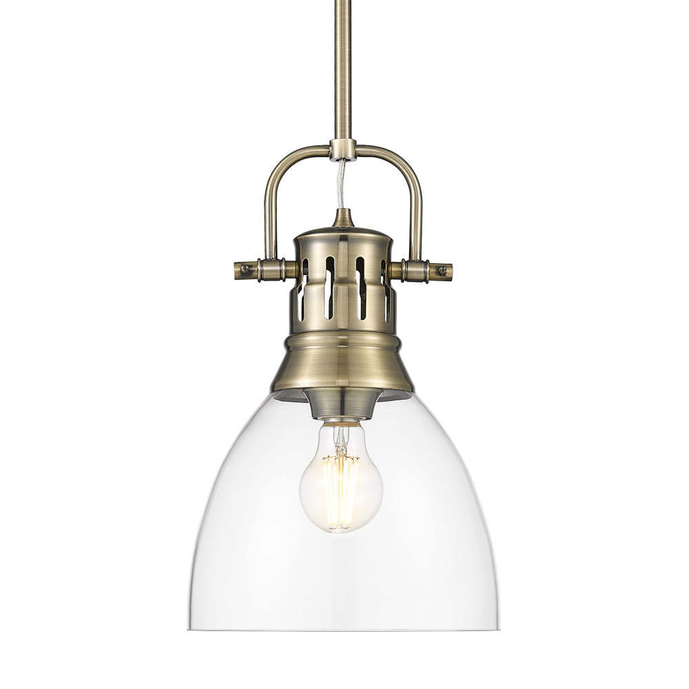 Yep by Golden Lighting Duncan 1-light 9in rod hung Pendant in Aged Brass and Clear Glass